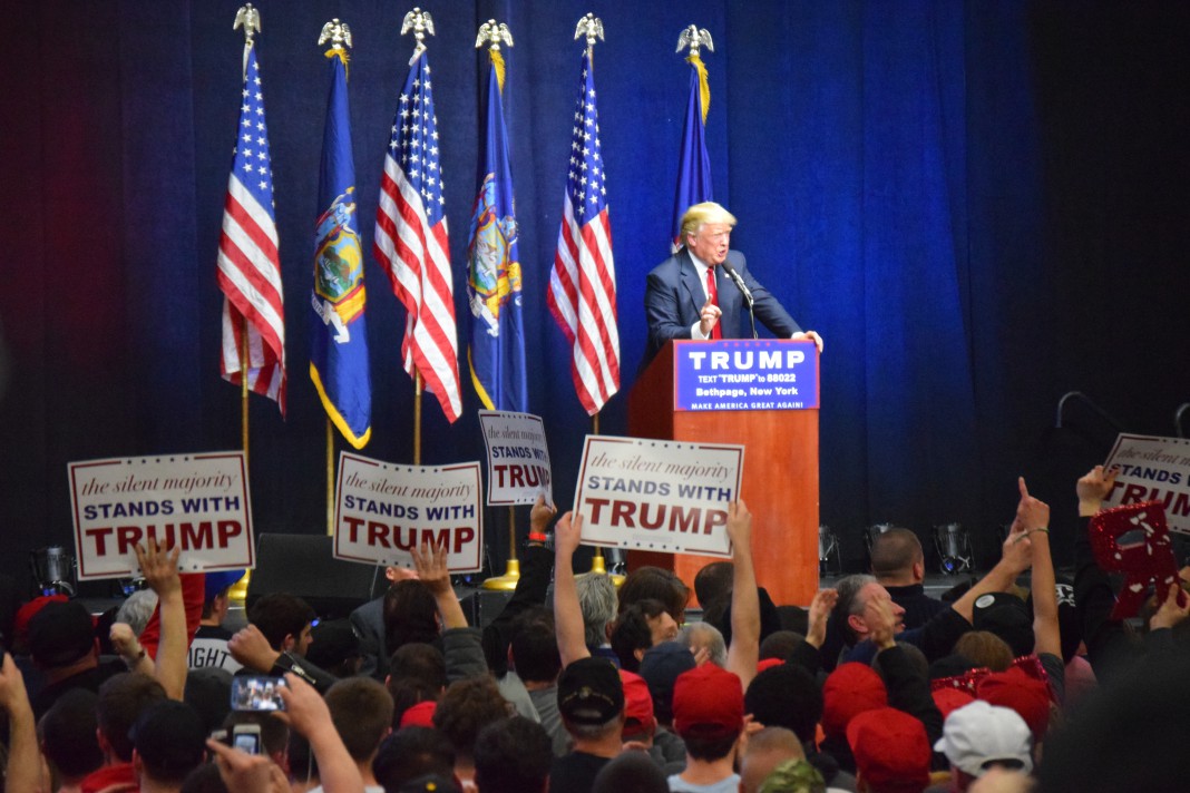 Donald Trump speaks at Grumman Studios in Bethpage on Wednesday, April 6, 2016 (Long Island Press photo)