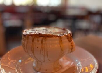 Classic French onion soup, a Rowdy Hall staple.