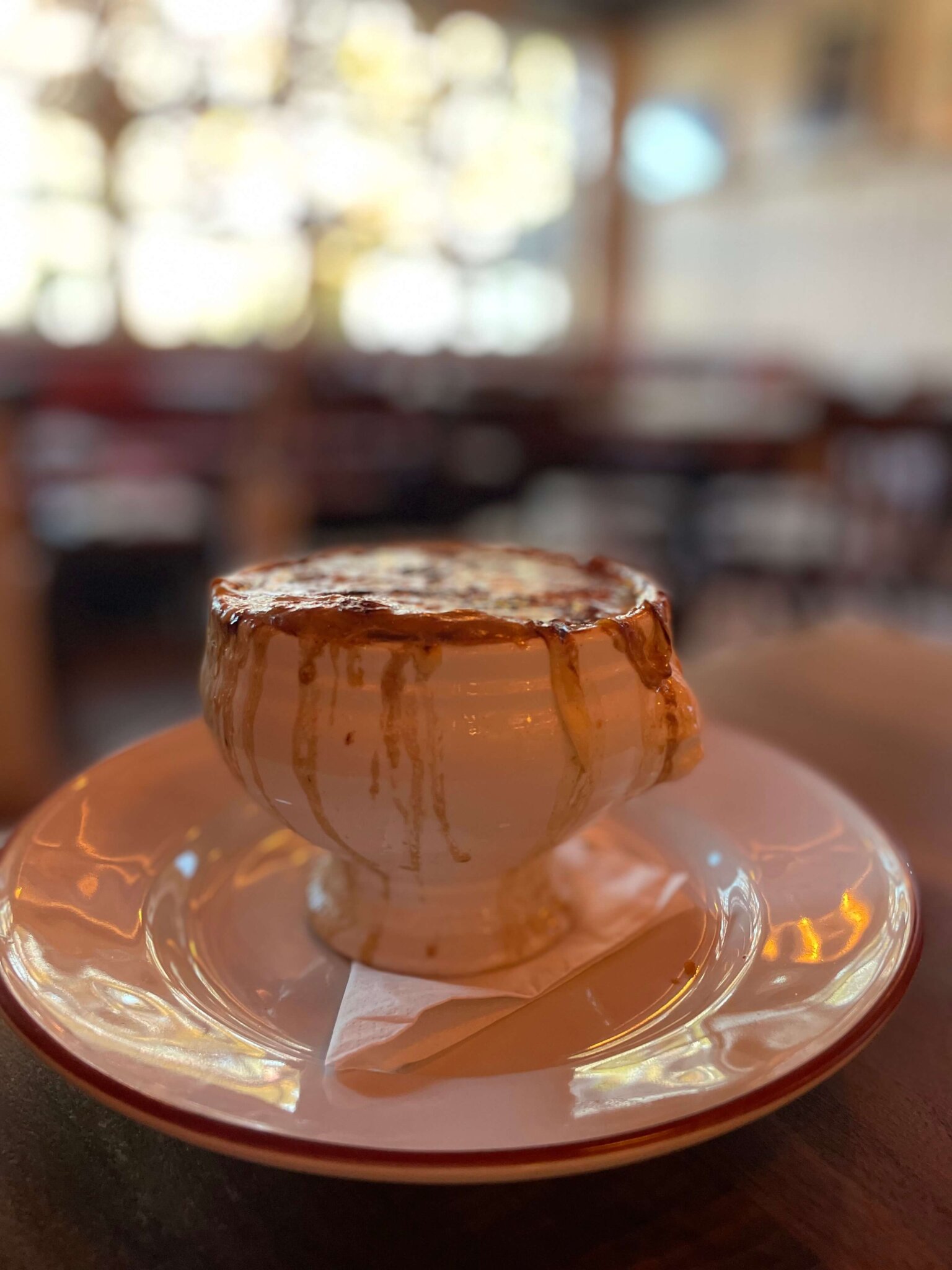 Classic French onion soup, a Rowdy Hall staple.