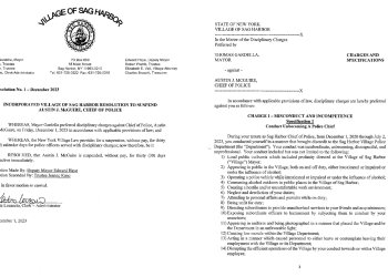Sag Harbor Village filed charges against Police Chief Austin J. McGuire on Friday