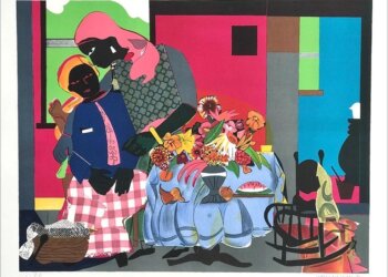 Romare Bearden (American, 1911-1988) Master Printer Robert Blackburn, The Printmaking Workshop, New York, NY Morning, 1979 Lithograph in color on Somerset Paper Artist’s Proof from an Edition of 175 + 30 A.P. 27 7/10 x 27 4/5 in. Collection of Lyn & E. T. Williams, Jr. © 2023 Romare Bearden Foundation / Artists Rights Society (ARS), NY on view at The Church in Sag Harbor Master Impressions printmaking show