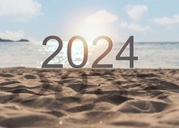 Beautiful beach with 2024 and shadow. Copy space for text. Happy new year 2024 concept