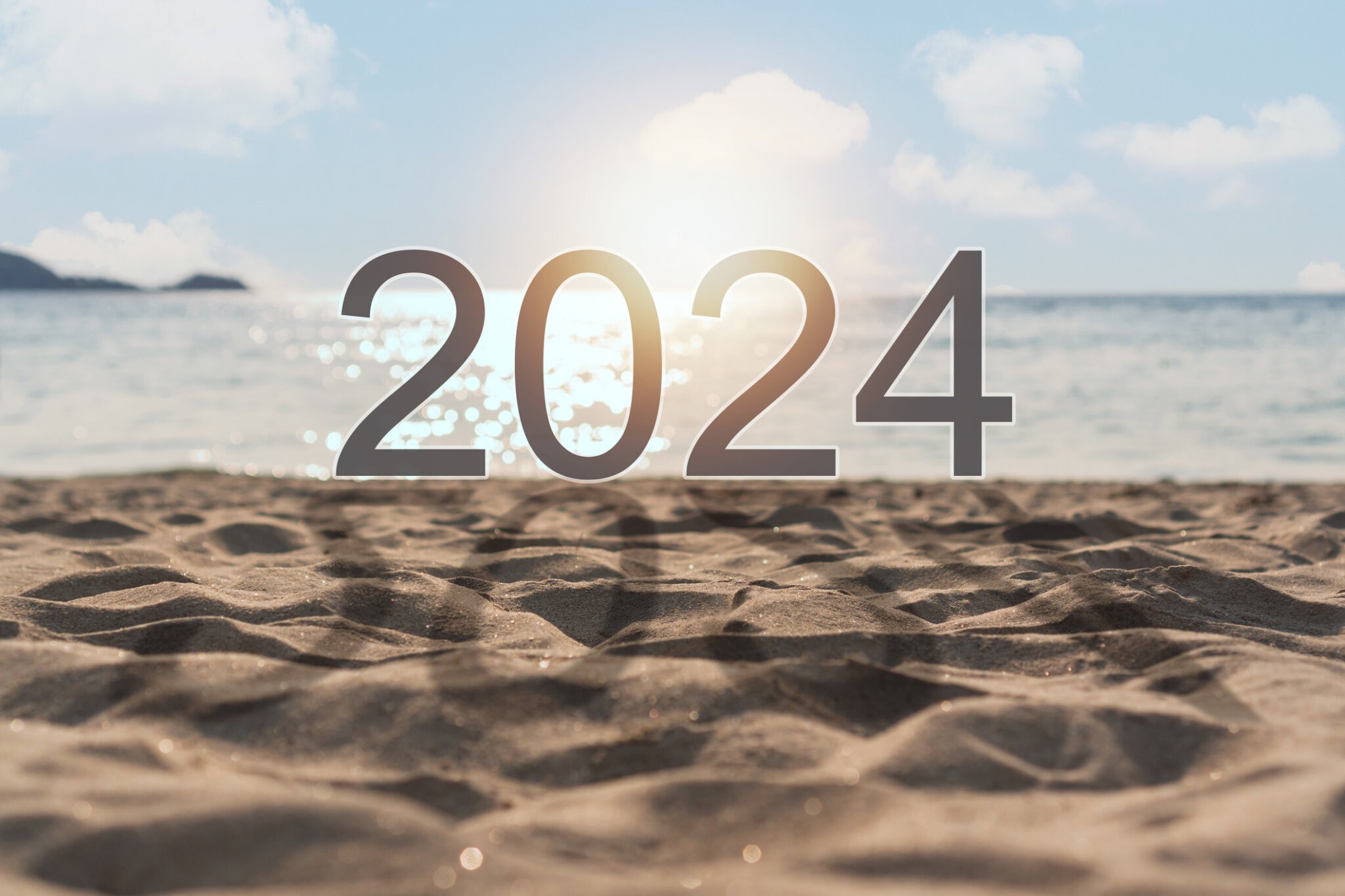 Beautiful beach with 2024 and shadow. Copy space for text. Happy new year 2024 concept