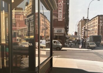 A photorealistic cityscape by Richard Estes, in the collection of Sandy Baklor