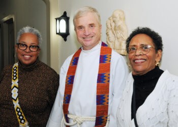 Linda Silva, Reverend Ben Shambaugh (St. Luke's Episcopal Church), Audrey Gaines at Interfaith Service
