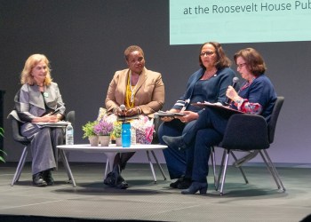 Panelists Congresswoman Carolyn Maloney, Laura Harding, The Hon. Margie Bright Matthews, Moderator Andrea Gabor (Lisa Tamburini) want to support Equal Rights amendment