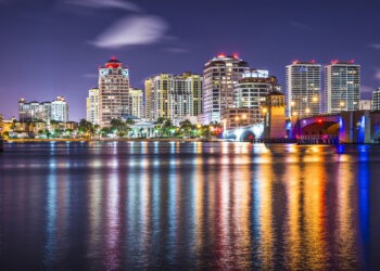 The downtown West Palm Beach nighttime skyline