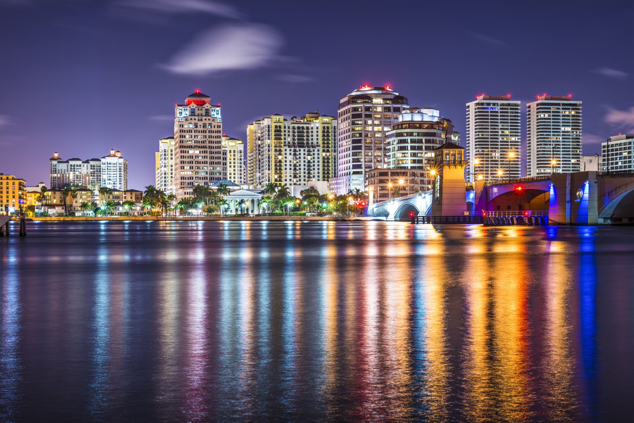 The downtown West Palm Beach nighttime skyline