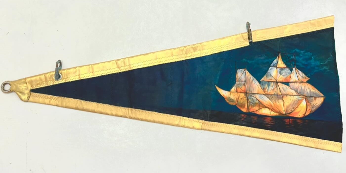 Scott Bluedorn's “Ship of Sails” (2024, oil and acrylic on sailcloth, 24” x 48”)