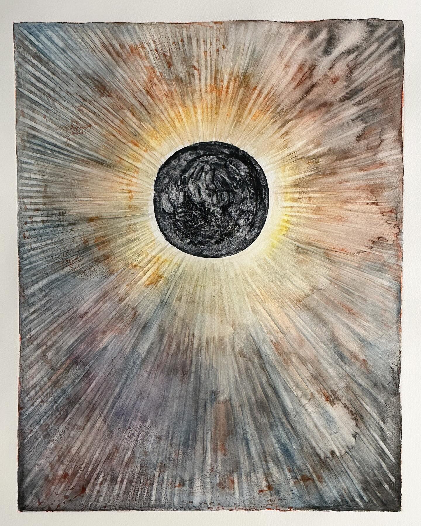 Scott Bluedorn's “Eclipse I” (2024, watercolor monoprint with added watercolor painting on paper, 14” x 11”)