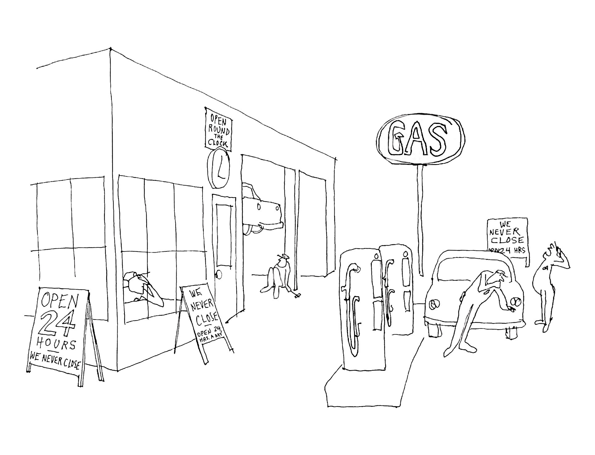 Gas Station Cartoon by Dan Rattiner - Three Mile Harbor