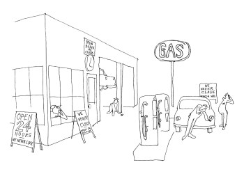 Gas Station Cartoon by Dan Rattiner - Three Mile Harbor