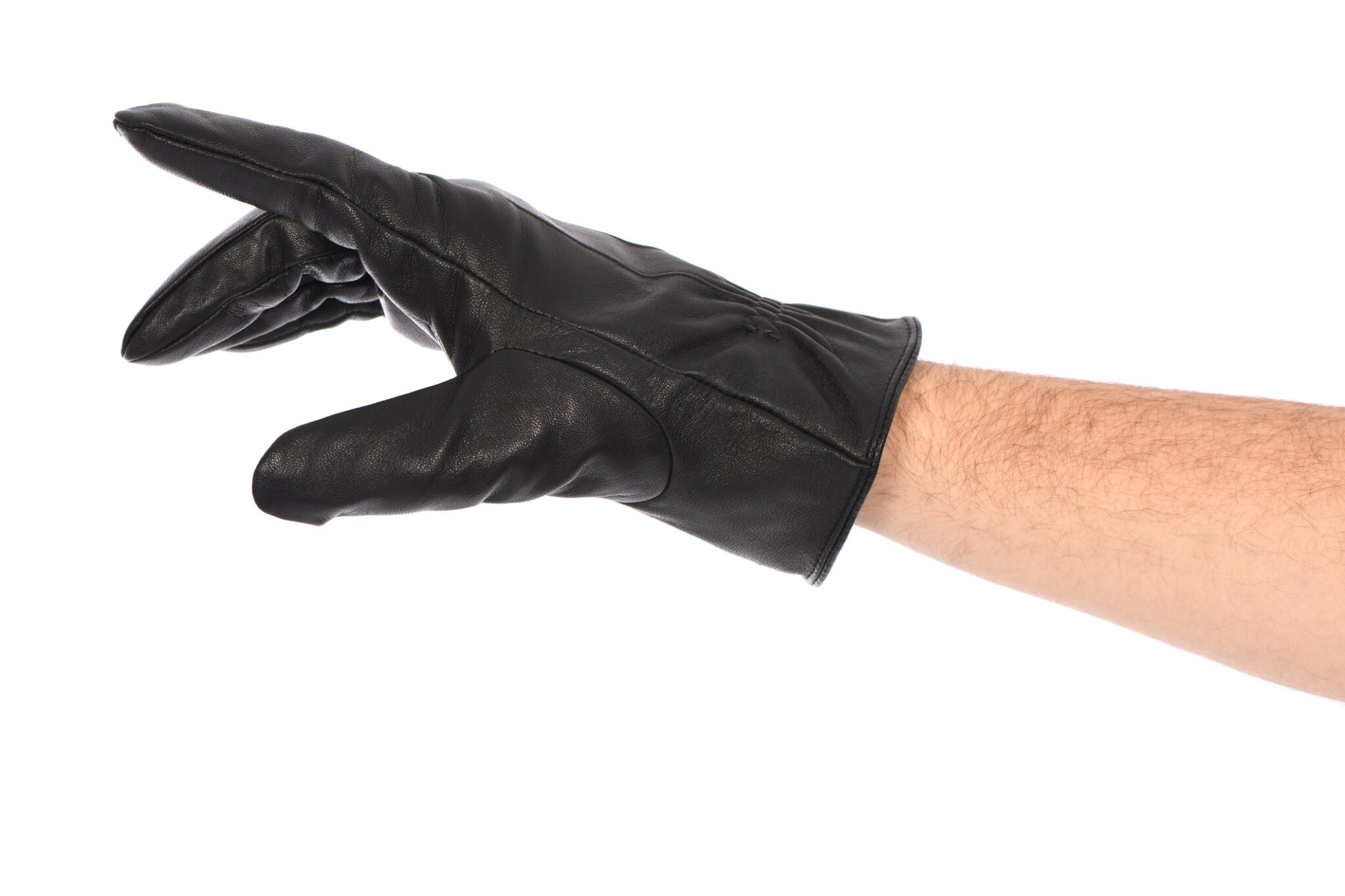 Man wearing black leather glove on white background, closeup right hand. Side view. High resolution photo. Full depth of field.