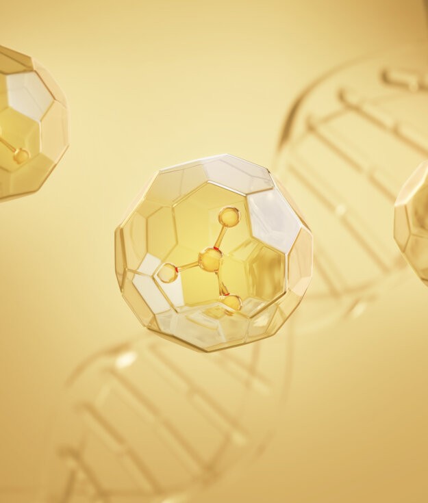 Cosmetic moisturizing liquid Molecule inside Bubble with DNA , Oil serum or lotion 3d illustration.