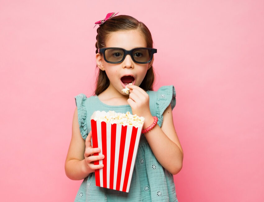 Adorable elementary age kids enjoying eating popcorn while watching a 3d movie with glasses in a pink background