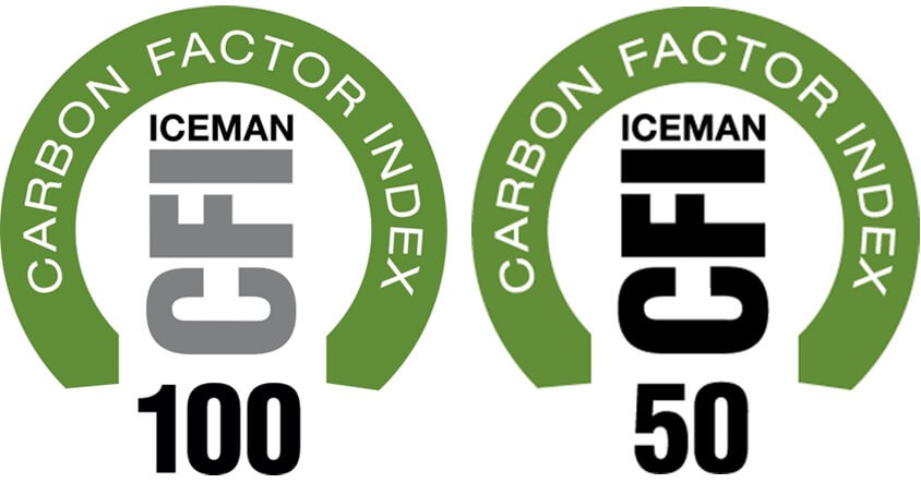 ICEMAN logos on packaging representing 100% and 50% carbon-neutral products