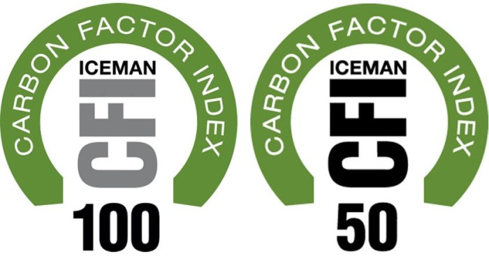 ICEMAN logos on packaging representing 100% and 50% carbon-neutral products