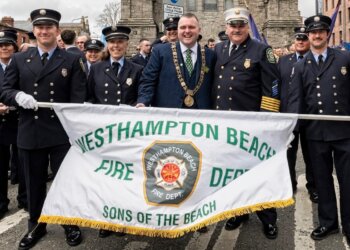 Lord Mayor of Dublin Daithi de Roiste with Westhampton Beach Fire Department at Dublin Parade