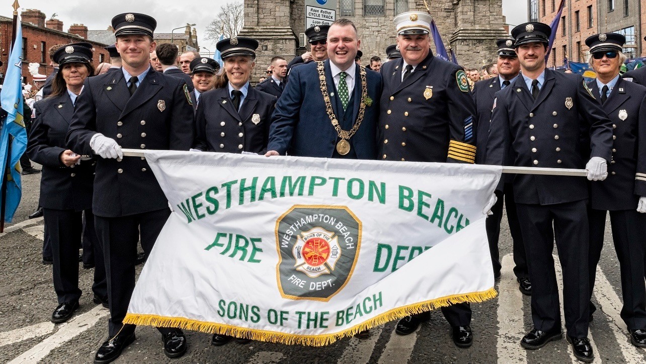 Lord Mayor of Dublin Daithi de Roiste with Westhampton Beach Fire Department at Dublin Parade