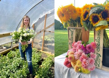 Kim Endres, owner of Backyard Blooms North Fork Flower Farm, and one of her arrangements