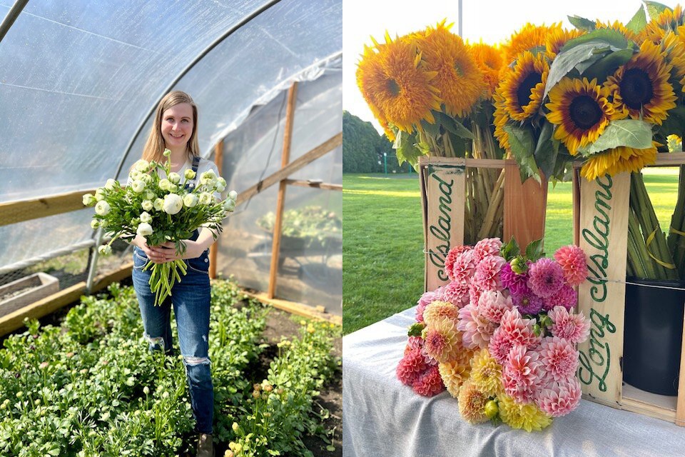 Kim Endres, owner of Backyard Blooms North Fork Flower Farm, and one of her arrangements