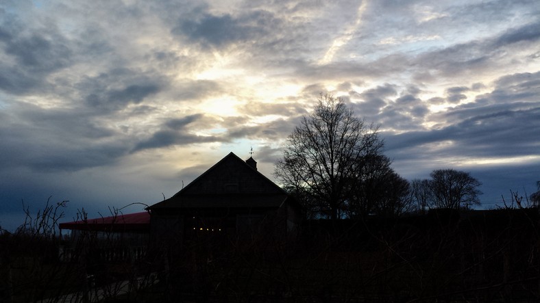 Looking west towards a sunset shining through the clouds at a winery on the North Fork of Long Island.