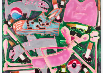 Katherine Bernhardt, Shark Attack, 2022. Acrylic and spray paint on canvas. 96 x 120 in. Courtesy of the artist and Canada, New York. Photo by Joe DeNardo. On view at The Church