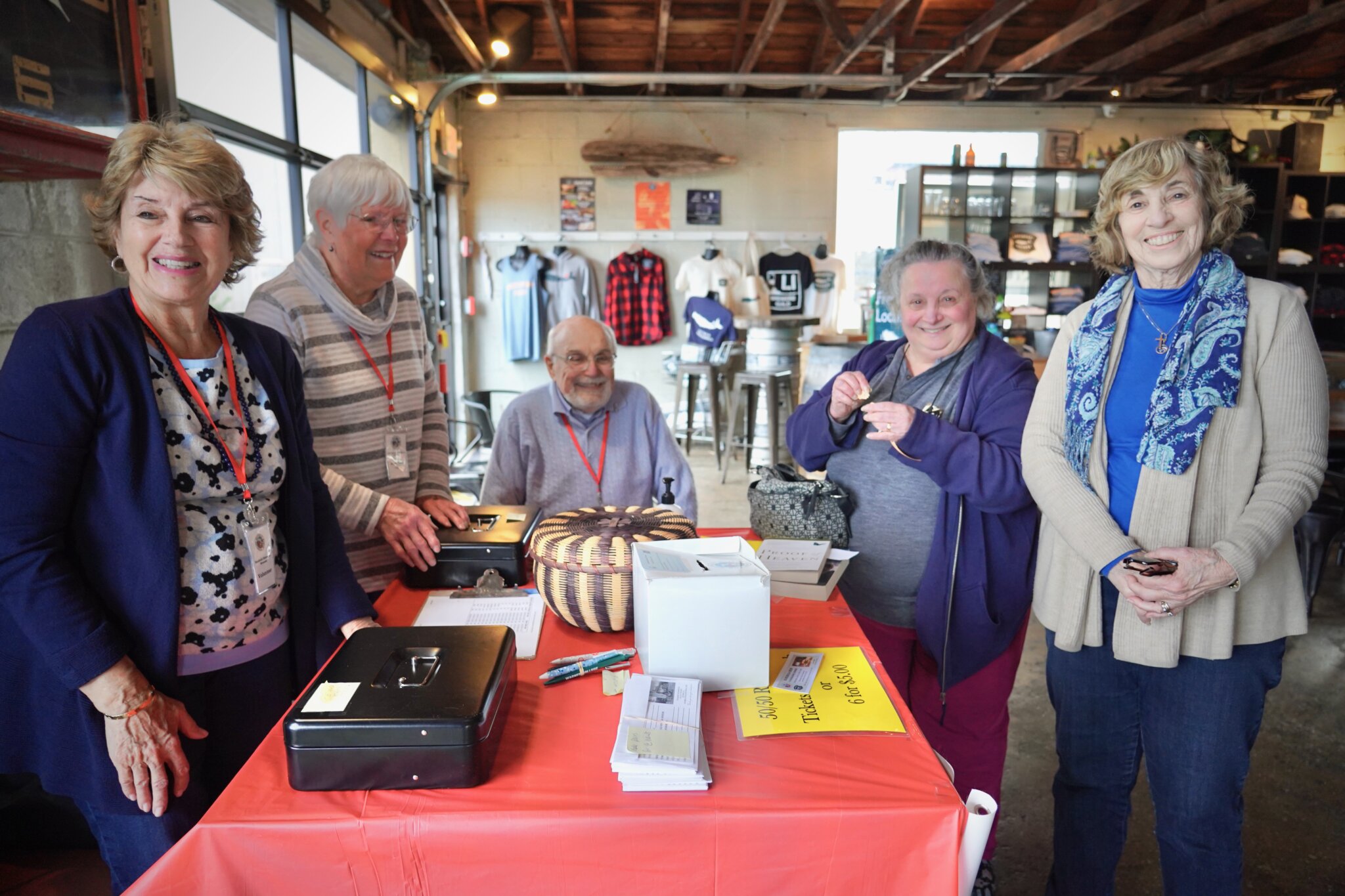 Southold Historical Museum Volunteers: Liz Barratt, Marie Scala, Society President: John Barnes, Carol Zito, Rosemary McKinley at Southold Historical Museum Fundraiser