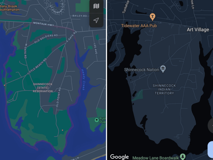 The Shinnecock Nation as it currently appears in Apple Maps (on left) versus in Google Maps (on right)