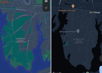 The Shinnecock Nation as it currently appears in Apple Maps (on left) versus in Google Maps (on right)
