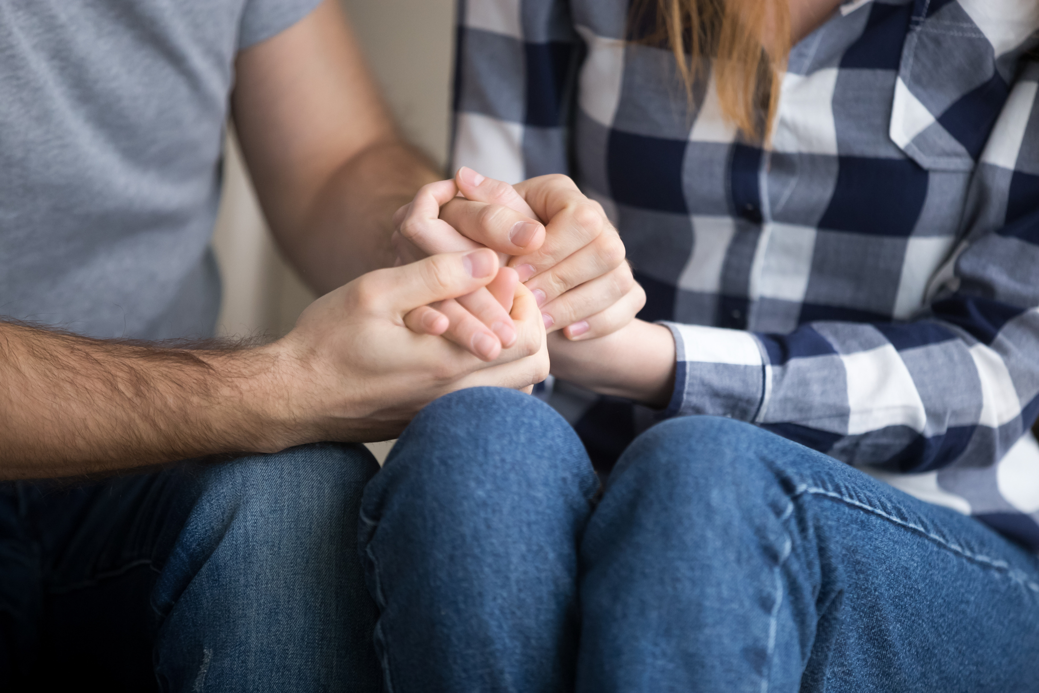 Married couple holding hands giving psychological support, being friend, help trust empathy hope in marriage, care understanding in relationships, comfort and reconciliation concept, close up view