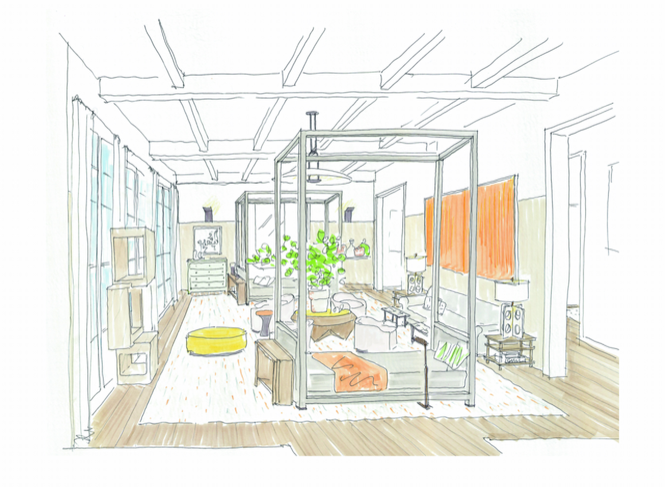 A sketch of Mark Cunningham's living room design for the Galerie House