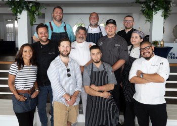 The Chefs of the Hamptons L.-R.: Chef Karoline Cerqueira of Windmill Lane Bakery, Chef Stephen Robinson of Newlight, Chef Bolivar Cabrera of Enchanté, Chef Benjamin Tellez of Kassaki, second row Chef Andrew Molen of Isola, Chef Mario Barrila of Barrila's Pasteria, Chef David Hersh Fauna, Chef Samantha Gregory of Sí Sí third row Chef Christopher Watts of Watts Cooking Tonight, Chef Darrn Boyle of Claudio's, Chef Nicholas Vogel Area Executive Chef of EHP Hospitality