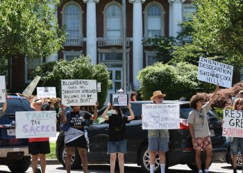 Shinnecock picketers lined the street outside Southampton Town Hall