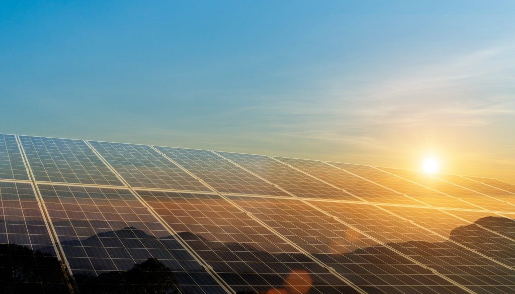 Environmental sustainable energy concept. Solar panels clean energy generating electricity. Photovoltaic cells on the sunset.