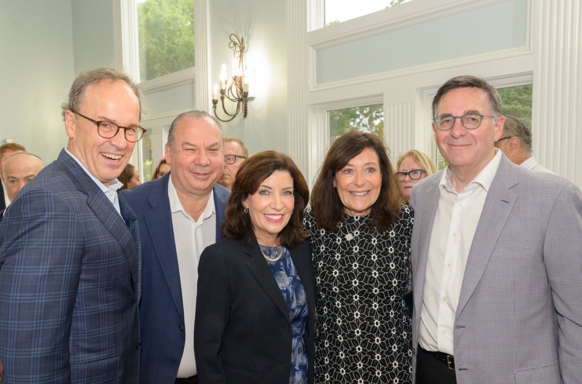 William Hochul Jr., Rabbi Marc Schneier, Governor Kathy Hochul, Shari Zuckerman, Synagogue President Jeff Zuckerman at the Hamptons Synagogue