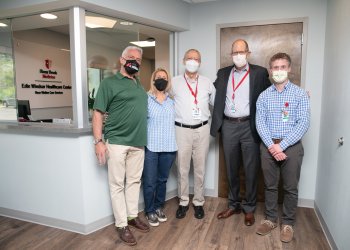 Jimmy Mack, Judith Kasen-Windsor, Michael Collins, Robert Chaloner, and Dr. Eric Lella at the Edie Windsor Healthcare Center for the LGBTQ community