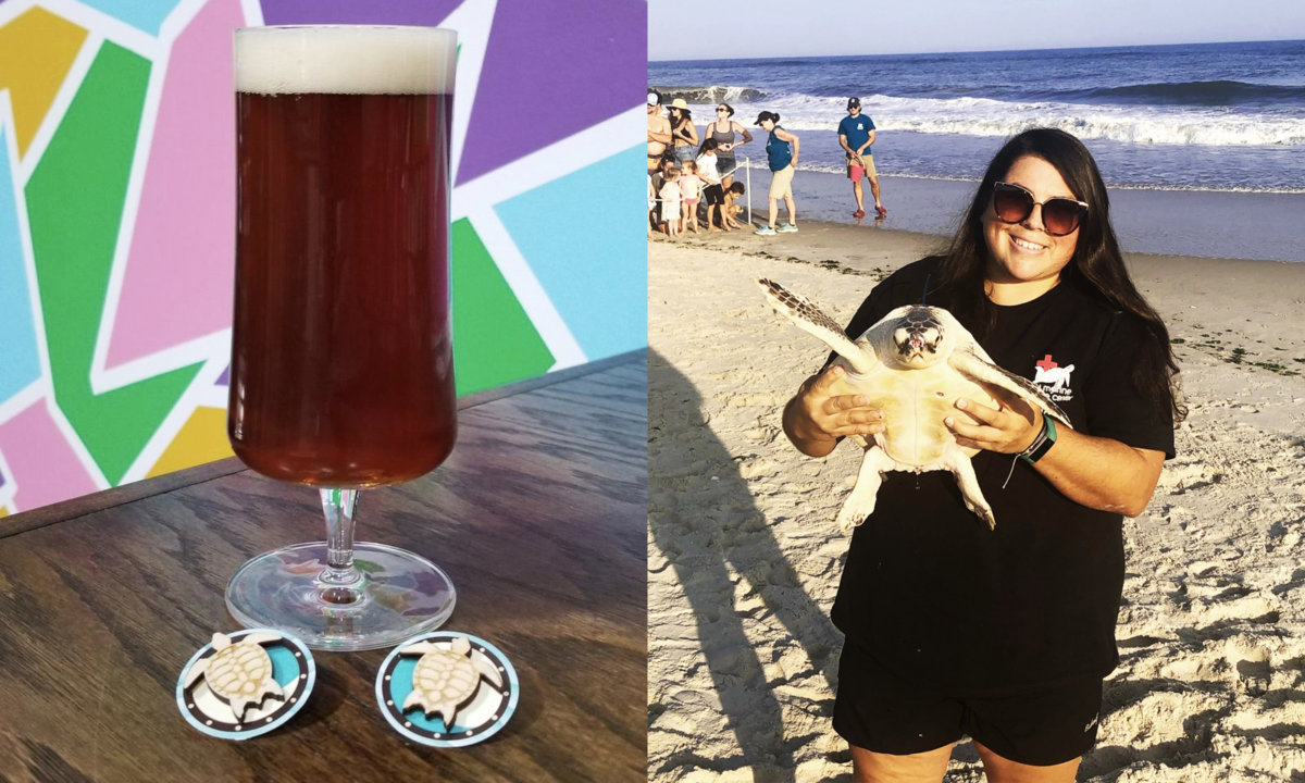 übergeek’s "i never asked to be here" brew with turtle pins benefiting NYMRC turtle rescue (director Maxine Montello on right)