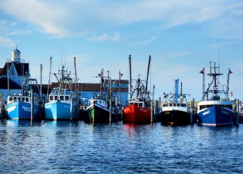 Commercial fishing boats at Montauk Harbor in Montauk, New York on August 15, 2016.