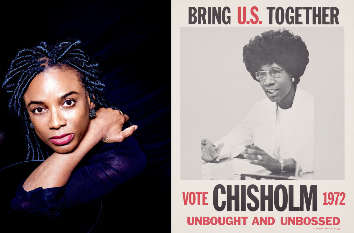 Ingrid Griffith and a Vote Chisholm 1972 poster for Shirley Chisholm