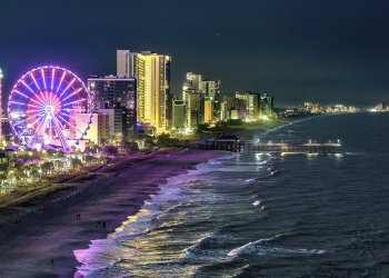A night view if he SkyWheel at Myrtle Beach Boardwalk