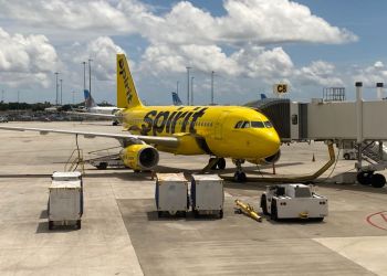 Spirit Airlines plane parked at gate waiting for baggage unloading, Palm Beach International Airport, Florida