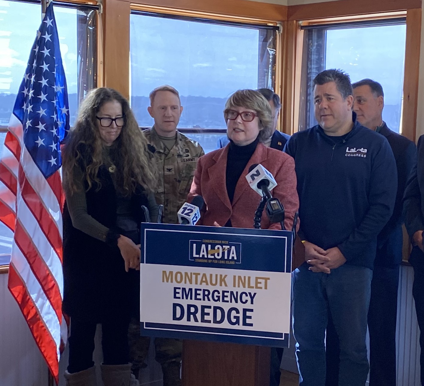 East Hampton Town Supervisor Kathee Burke-Gonzalez speaks at a Feb. 18, 2025 news conference about dredging the Montauk Inlet.