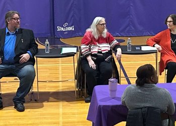Greenport trustee candidates L.-R.: Margaret Rose de Cruz, Scott Hollid, Mary Bess Phillips, Julia Robins, and Roric Tobin. (Dan's Papers)