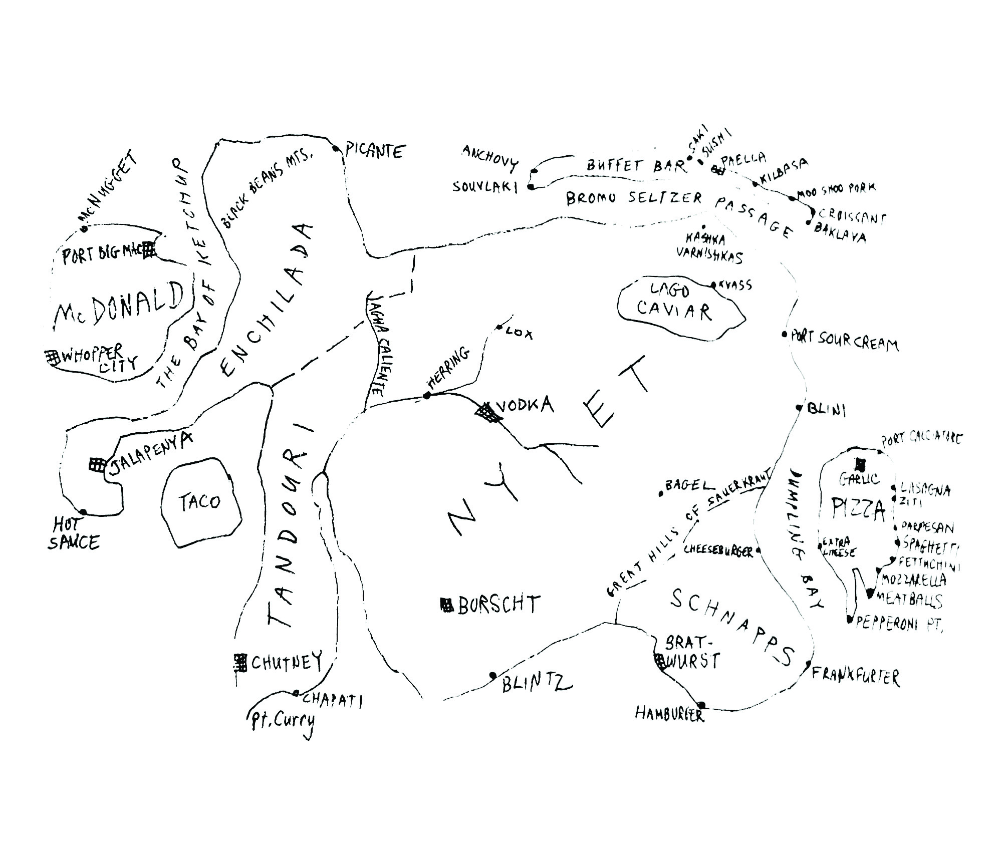 Food map cartoon by Dan Rattiner