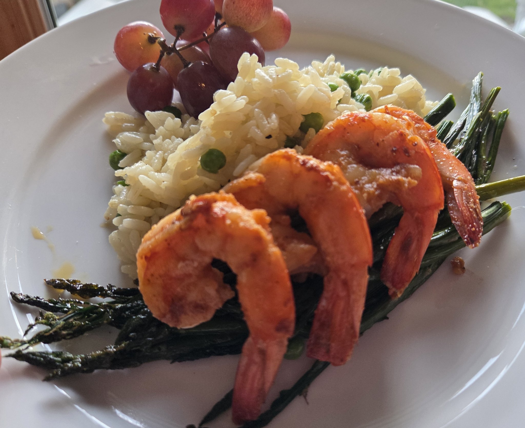 Shrimp, Rice Pilaf and Asparagus.