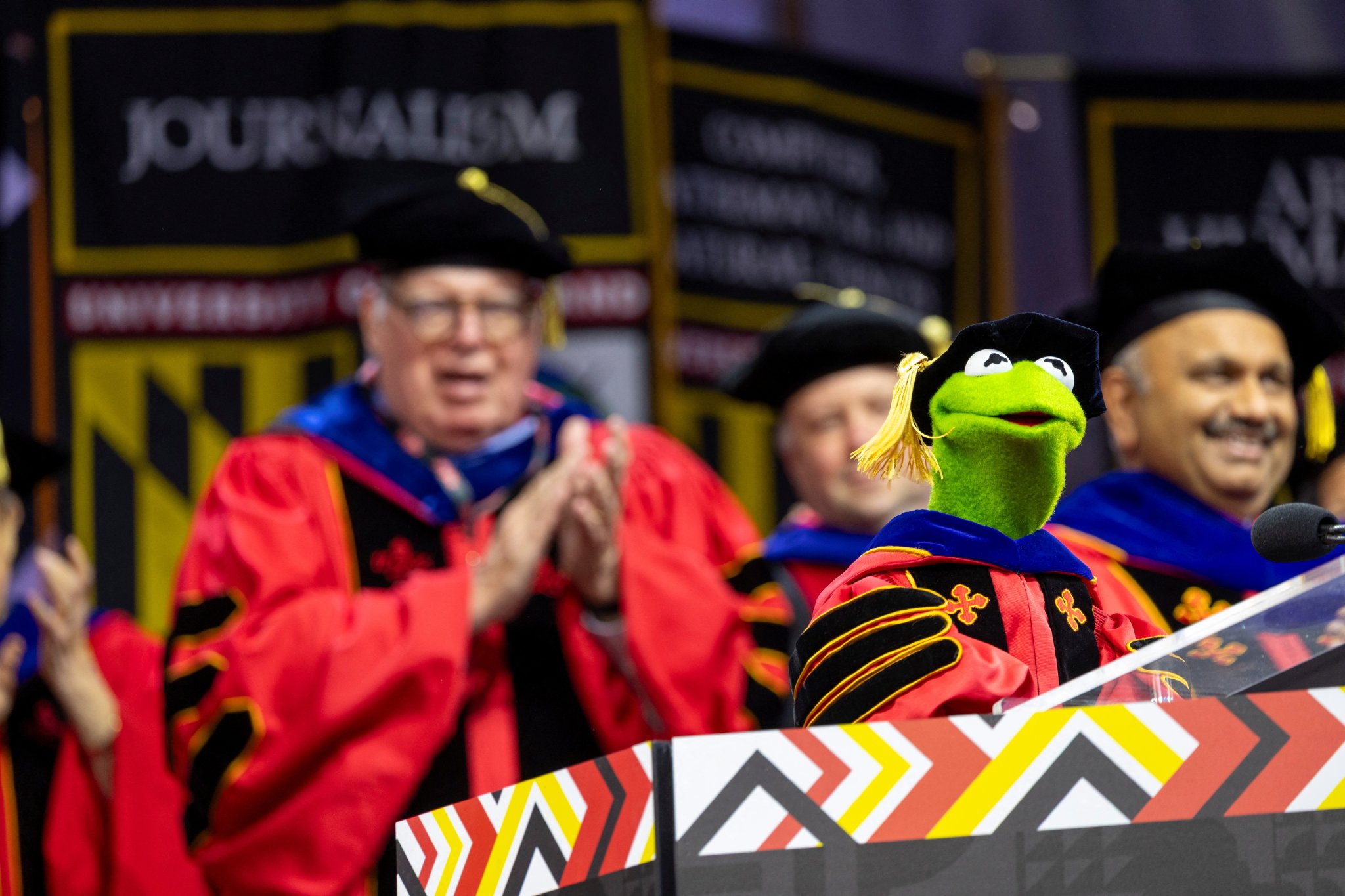 Kermit the Frog delivers the commencement address to graduates of the University of Maryland, in College Park, Maryland, U.S., May 22, 2025. Stephanie S. Cordle/University of Maryland/Handout via REUTERS THIS IMAGE HAS BEEN SUPPLIED BY A THIRD PARTY
