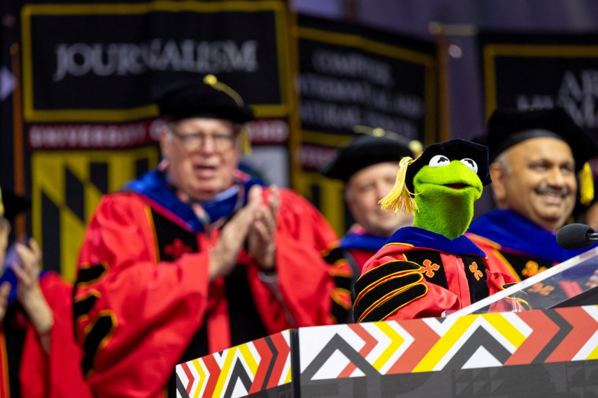 Kermit the Frog delivers the commencement address to graduates of the University of Maryland, in College Park, Maryland, U.S., May 22, 2025. Stephanie S. Cordle/University of Maryland/Handout via REUTERS THIS IMAGE HAS BEEN SUPPLIED BY A THIRD PARTY