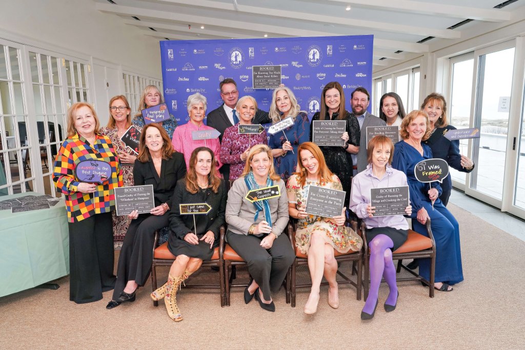 Carol Hayes, Tiffany Palmer, Susanne Kelly, Pam Mallory, Mayor Jerry and Lisa Larsen, Jackie Dunphy, Carrie Doyle, Dylan Bruno, Jenny Baladrón, Deni Wendt, Nancy McGuirk, Megan Riley, Cat Osborne, Louise Taylor, Florence Buchanan, Ellen Collins at Hamptons Whodunit