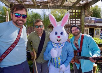 Musicians Chris Kline, John Carey and Jack Marshall with Easter Bunny at Kidd Squid